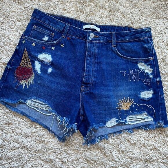 Zara Embroidered Ice Cream Sunshine Cutoffs Denim Jean Shorts Button Fly US 10